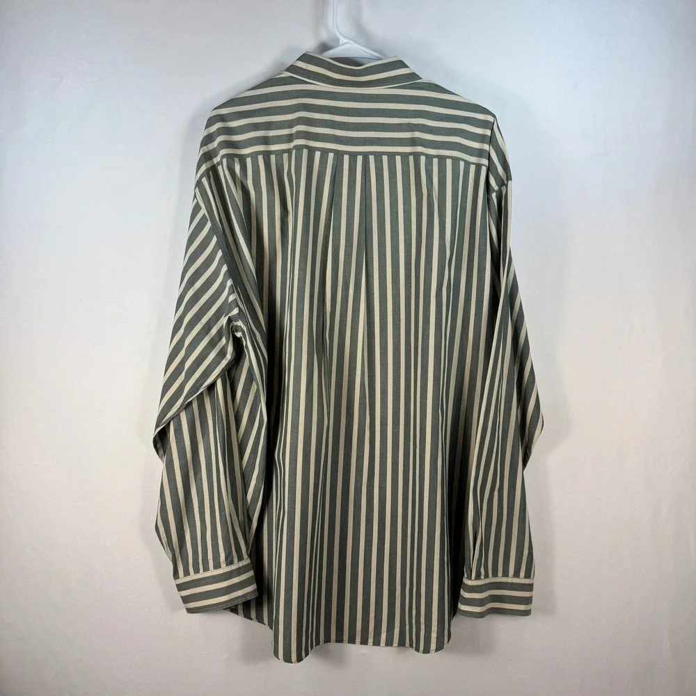 Vintage J. Crew Mens XL Green Cream Striped Cotton Button Down Shirt Long Sleeve